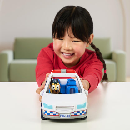 Bluey Police Car Toy, Vehicle from The Special Episode The Sign. Includes Toy Police Car with Flashing Lights & Sounds, Policeman Figure, and Themed Sticker Set. Batteries Included.
