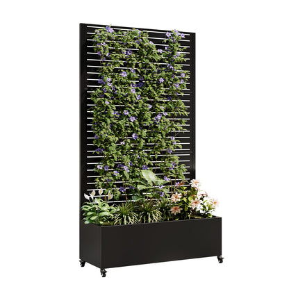 Metal Planter Box with Trellis and Wheels, 73"x35"x16" Galvanized Steel Raised Garden Bed with Drainage Holes and Privacy Screen Function for Climbing Plants, Vegetables, Flowers, and Vines–Black