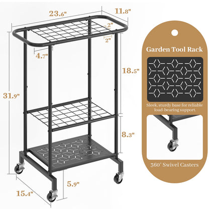 AUGOHCMIL Garden Tool Organizer with Wheels, Heavy Duty Metal Garage Tool Storage Rack, Yard Tool Holder for Long-Handled Tools, Rakes and Brooms, Indoor and Outdoor Use for Shed, Patio