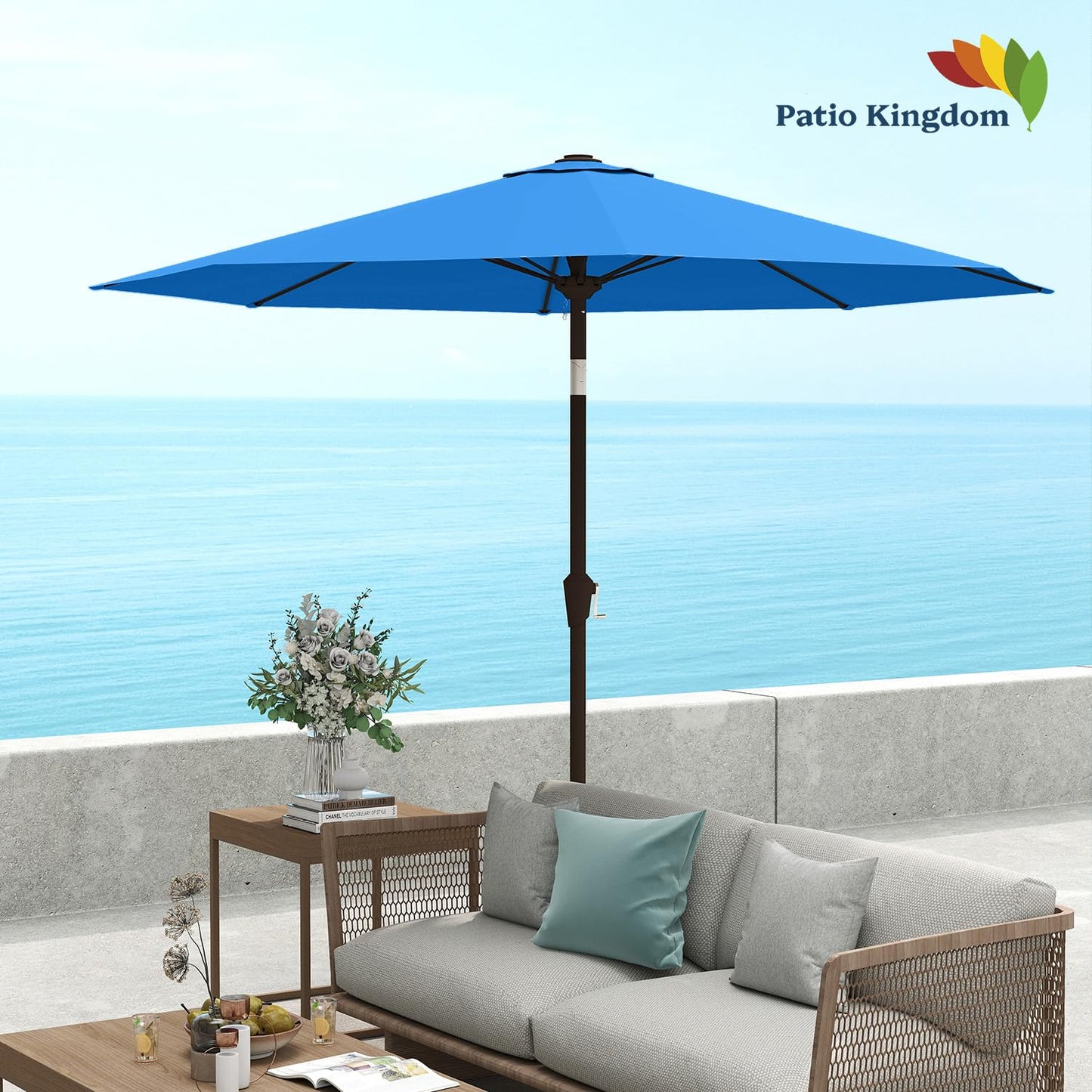 Patio Kingdom 9FT Patio Umbrella with Fiberglass Ribs, Outdoor Market Table Umbrella with Crank and Tilt, UV Resistant Waterproof Canopy for Patio, Garden, Deck, Pool, Royal Blue