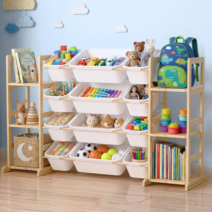 Dclavy Toy Storage Organizer with Bookshelf for Kids, Large Wooden Shelf with 12 Storage Bins & 6 Shelves, Toy Box Organization for Kids Rooms, Playroom, Nursery and Living Room