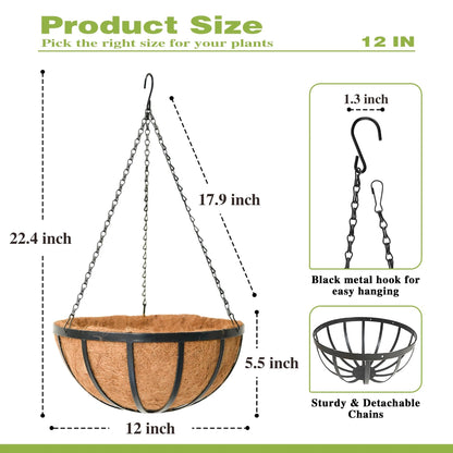 ZVOWOS 12 Inch Black Flat Iron Metal Hanging Planter Basket with Coco Coir Liner(4 Pack) Hanging Planters for Outdoor Plants Hanging Baskets for Plants Flower Pots for Deck Patio Porch Garden Balcony