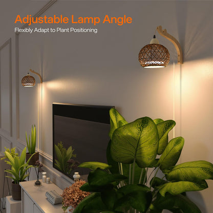 Bstrip Hanging Grow Lights for Indoor Plants, 18W Full Spectrum Plant Light, Boho Rattan Lantern Shade, 3800K Wall-Mounted Decorative Grow Light with 9.8FT Power Cord for Indoor Plant Growing, Flowers