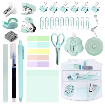 Mini Office Supplies, Teal Stapler with Staples and Tape Dispenser Set, Mini Stationary Kit Includes Sticky Notes Index Tabs Highlighters Gel Pens for Office & School Supplies (Teal)