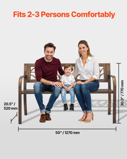 VEVOR Outdoor Bench, 50 inch, Carbon Steel Metal Frame with PVC Floral Pattern Backrest and Round Edge Armrests, Weatherproof Outside Bench for Patio, Garden, Park, Yard, Front Porch, Antique Bronze
