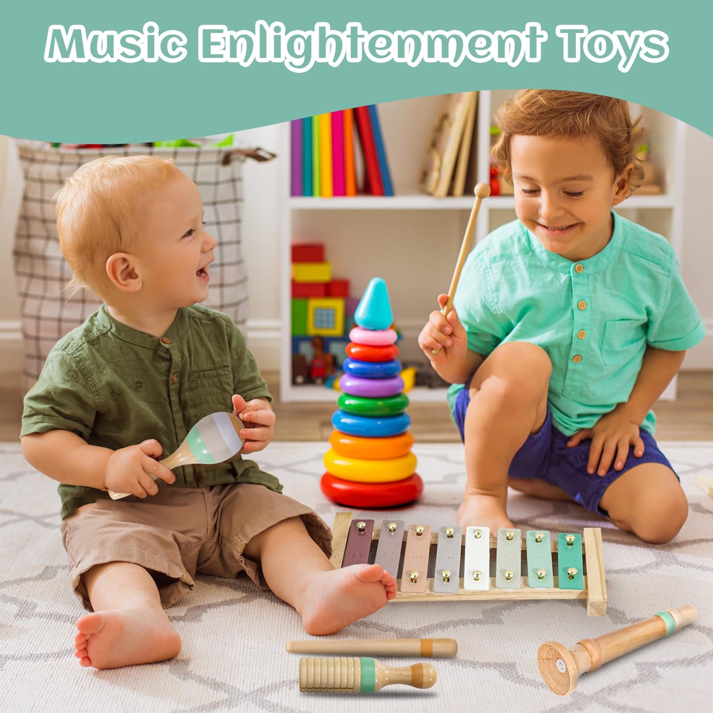 Raimy Kids Musical Instruments Set - Neutral Colors Wooden Montessori Toys Percussion Music Modern Boho Xylophone Birthday Gifts for 1 2 3 Year Old Baby Toddlers Boys Girls 3+ with Storage Bag