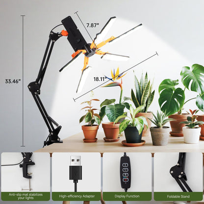 KwatTsz Grow Lights for Indoor Plants, Full Spectrum LED Plant Growing Lamps, 5 Head LED Clip Plant Lights for Seed Growing, Fruiting, 3H/6H/12H Timer, 3 Spectral Modes, 10 Dimmable Levels