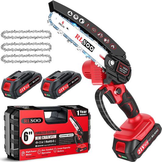 Mini Chainsaw Cordless, Upgraded 6 Inch Electric Handheld Battery Chain Saw with 2 Batteries and 3 Chains, Portable Small Tree Trimmer for Pruning Wood Cutting, Gift for Woman Seniors Dad Husband