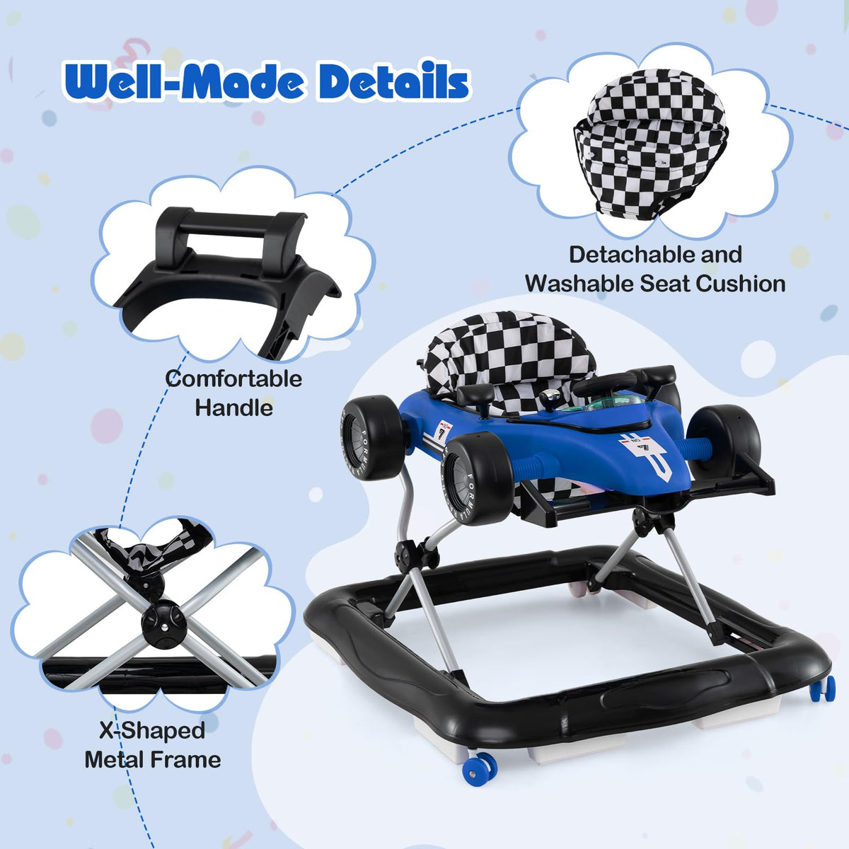 HONEY JOY Baby Walker, 4-in-1 Foldable Infant Activity Push Walker, Toddler Car Walker with Adjustable Heights, Music, Lights, Padded Seat, Baby Walker with Wheels for Boys Girls 6-18 Months (Blue)