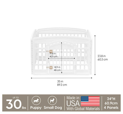 IRIS USA Dog Playpen with Door, 24” 4 Panel Pet Exercise Pen – Indoor Outdoor Puppy Play Pen, Portable Plastic Pet Fence for Small Medium Dogs, Foldable 35” x 35” x 24”, White