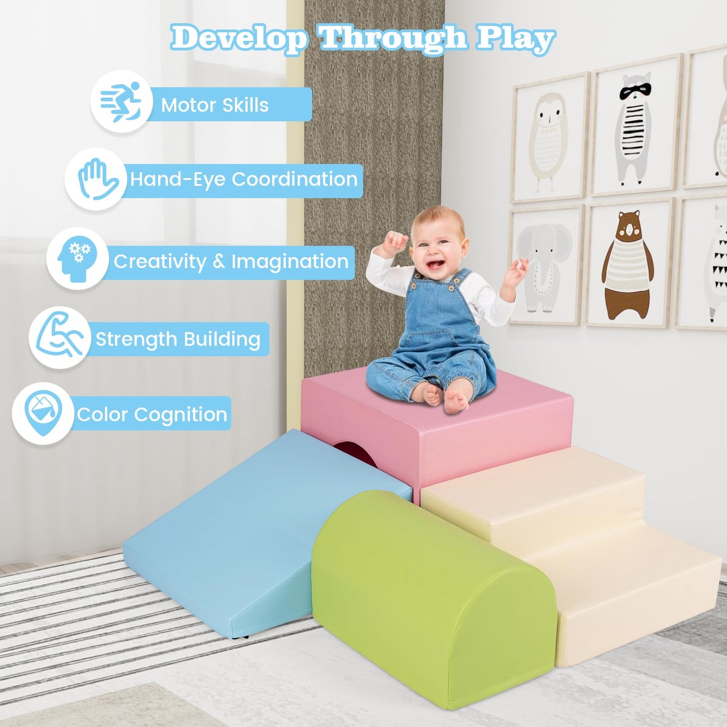 Costzon Climbing Toys for Toddlers, 4 PCS Single-Tunnel Foam Climber for Climbing, Crawling and Sliding, Lightweight Soft Play Blocks for Preschool Baby Boys Girls (Pink Green Blue)
