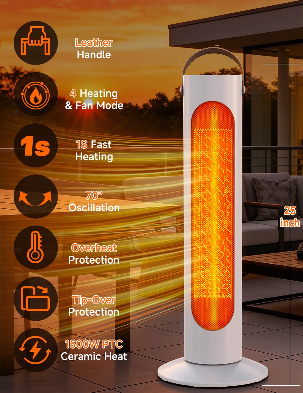 HETRAROOT Outdoor Heaters for Patio w/4 Modes, 350Sq.ft 1S Heating, 1500W PTC Ceramic Electric Patio Heater for Outdoor Use, Overheating & Tip-Over Protection, Space Heaters for Indoor Use Large Room