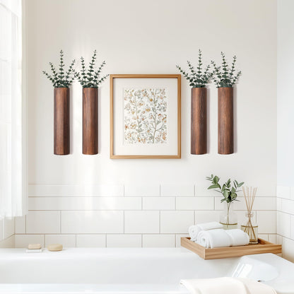Fttoyoly Wood Wall Planter with 20 pcs Artificial Eucalyptus, Modern Decor for Living Room Bedroom Bathroom Entryway, Farmhouse Boho Wall Vases for Dried Flowers and Faux Plants - 4 Pack