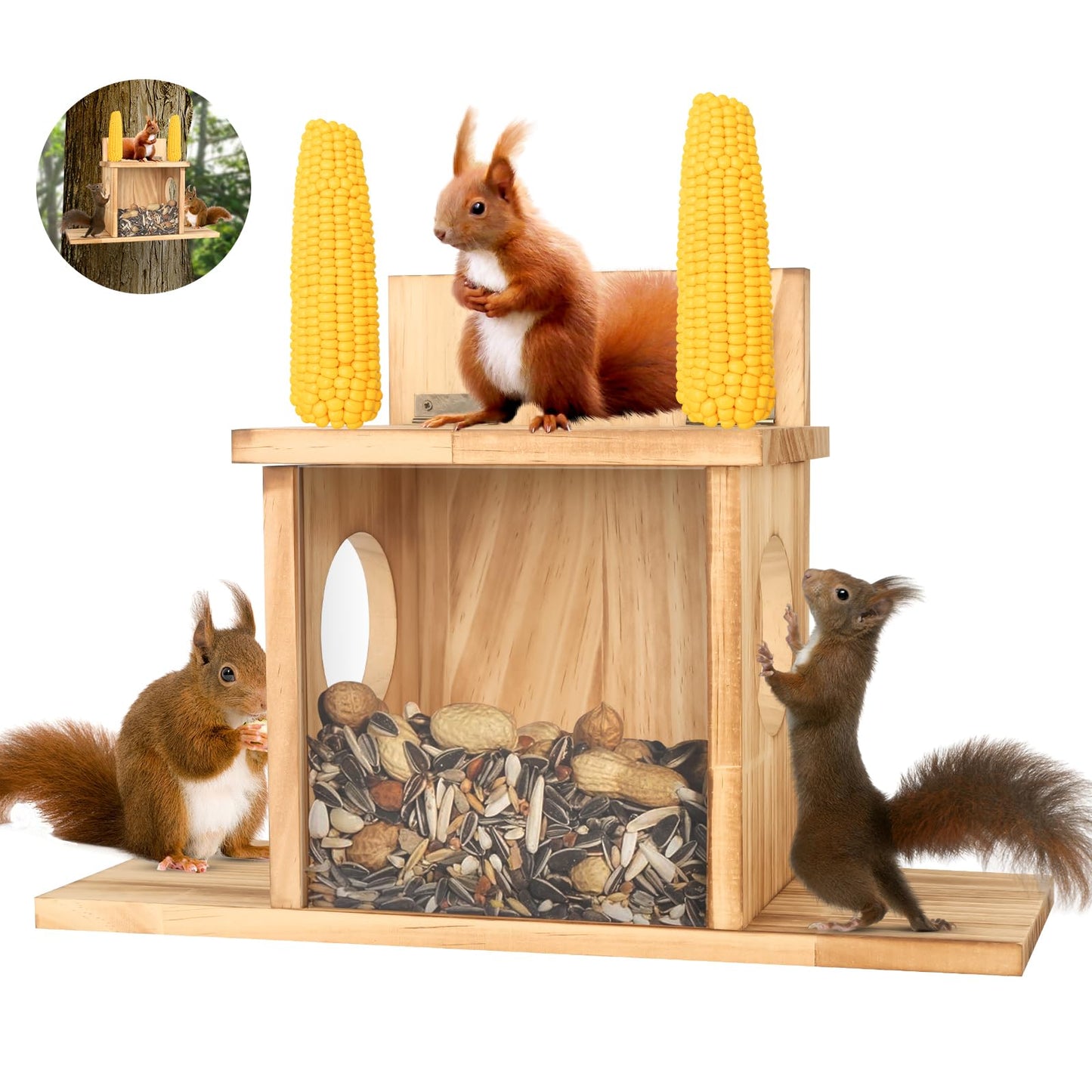 Wood Squirrel Feeder, Squirrel Feeders for Outside Winter, Wooden Chipmunk Feeder Waterproof for Corn, Peanuts, Durable Box Easy to Fill with Removable Front Panel