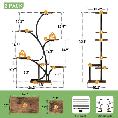 Plant Stand Indoor with Grow Lights - 2 Pack Plant Shelf, 7 Tier Lighted Corner Plant Stands for Indoor Growing, 40" Metal Flower Holder, Tree-Shaped Display Shelves with Adjustable Light, Black