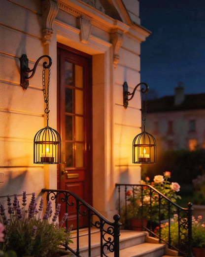 SoulBay Outdoor Lanterns with Solar Tea Lights, 4 Pack(2L 2S) Hanging Waterproof Solar Lights for Outside with Extended Chain, Bright & Long Lasting Solar Candles, Birdcage Lamp for Tree Patio Garden