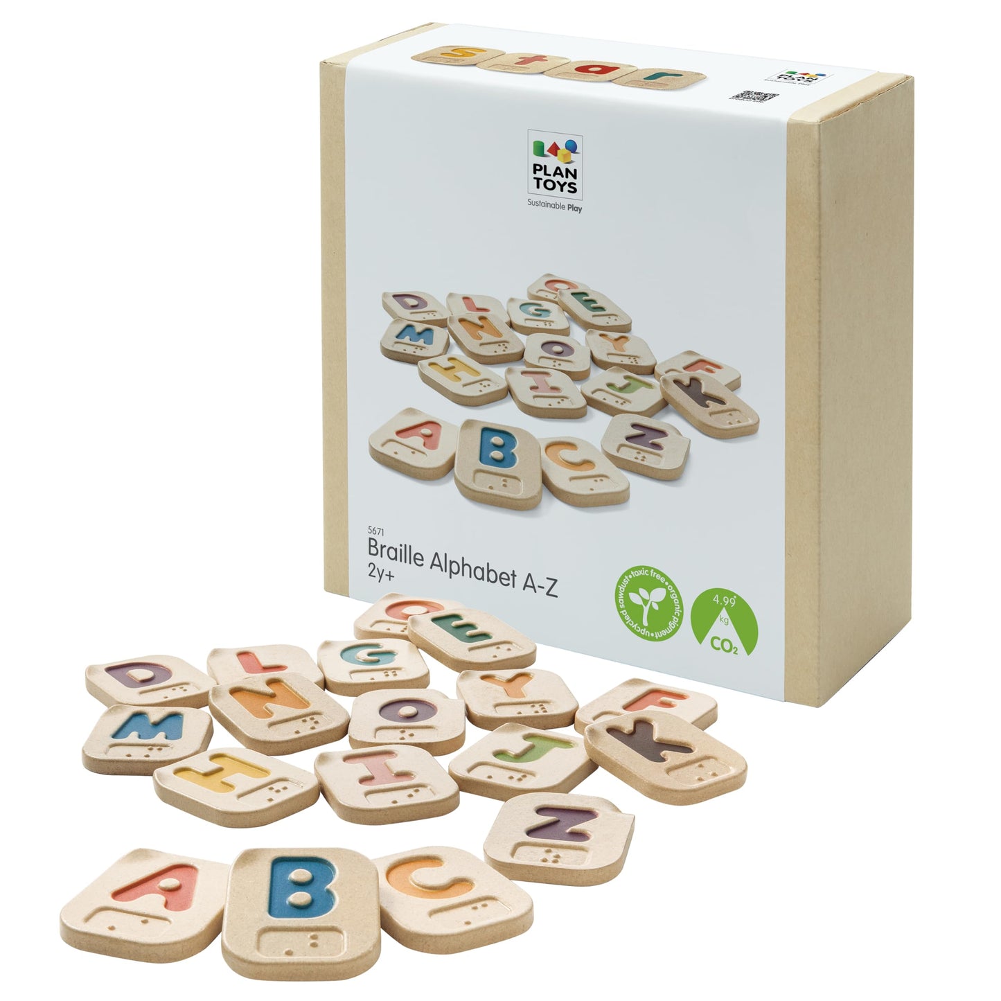 PlanToys Braille Alphabet A-Z Braille-Reading Alphabet Learning Toys - 26 Sustainably-Made Traceable Wooden Tiles with Upper and Lower Case Letters and Braille