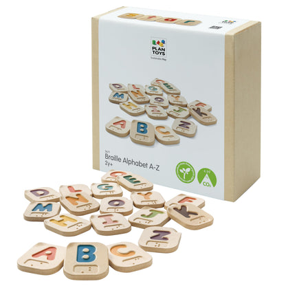 PlanToys Braille Alphabet A-Z Braille-Reading Alphabet Learning Toys - 26 Sustainably-Made Traceable Wooden Tiles with Upper and Lower Case Letters and Braille