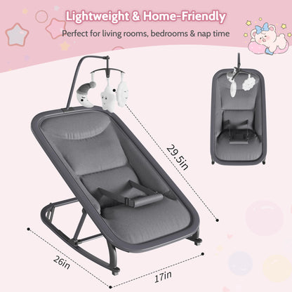 Jojoka Baby Swing for Infants, 3-Position Recline Baby Rocker with Toy Bar, Portable Infant Swing Chair with Lockable Stationary Mode, Lightweight Aluminum Frame, Grey