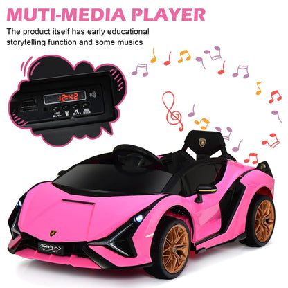INFANS 12V Licensed Lamborghini Sian Kids Ride On Car with Parent Remote Control, Spring Suspension, MP3 Player, Electric Toy Roadster Carbon Fiber Textured for Toddler (Pink)