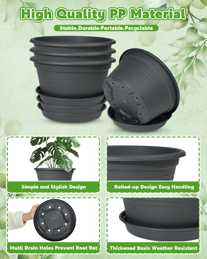 VIDELLY 10 Inch Gray Flower Pots 4-Pack, Plastic Planters with Drainage Hole & Tray, Indoor Outdoor Plant Pots for House Plants, Garden, Patio, Office Home Decor – Modern Decorative Plant Containers