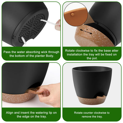 Plant Pots 10/9/8/7.5/7 Inch Self Watering Pots, Set of 5 Plastic Planters with Drainage Holes and Saucers,Plastic Flower Pots,Nursery Planting Pot for Indoor Out Door Plants(Black Brown)