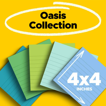 Post-it 100% Recycled Paper Super Sticky Notes, Lined, 4 in. x 4 in., 6 Pads, 70 Sheets per Pad, Oasis Collection, School Supplies and Office Products
