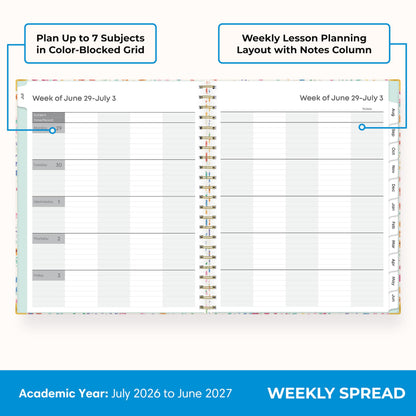 Blue Sky 2026-2027 Weekly and Monthly Academic Year Teacher Lesson Planner Calendar With Clipboard, July 2026 - June 2027, 8.5" x 11", Hard Cover, Wirebound, Laminated Tabs, Miah