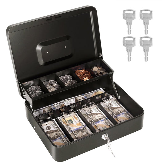 Cash Box with Money Tray and Lock, Metal Money Box for Cash Register, Large Cash Lock Box for Money Safe Includes 5 Slots Coin Tray, 4 Bill Slots, 4 Keys, 11.8" x 9.4" x 3.54" Black