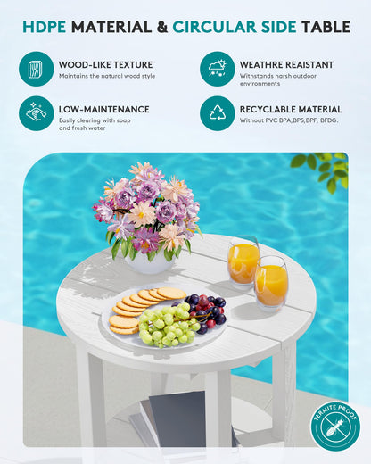 SERWALL Round Outdoor Side Table, HDPE Small Adirondack End Table,2-Tier Patio Side Table for Backyard Pool Porch Garden Lawn, White