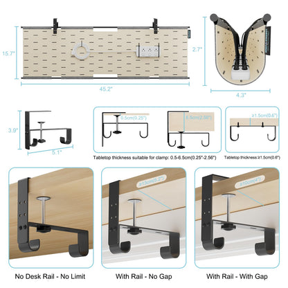 2-in-1 Under Desk Cable Management Tray & Privacy Panel, Dual-Sided Felt Cord Organizer to Hide Wires and Clutter, Desk Mount Cord Holder for Office and Home, Clamp or Screw Mount (Gray/Khaki, 45.2")