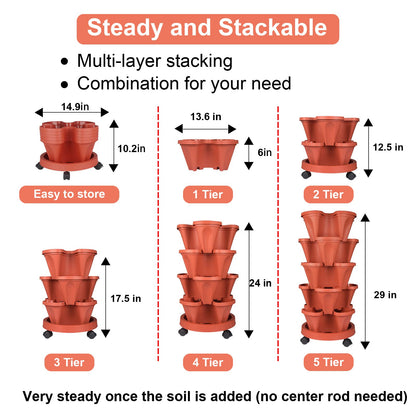 GameXcel Vertical Planter Tower - 5 Tier Stackable Garden Planters with Wheels and Tools Plant Pots for Strawberry Herb Flower and Vegetable Indoor Outdoor Use Red