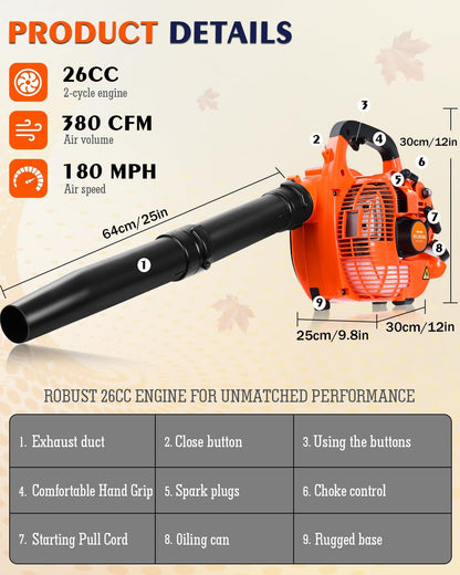 Relxxon Gas Leaf Blower 26cc Handheld, Powerful 2-Cycle Engine, 180 MPH 380 CFM, Lightweight Quick-Start for Lawn Care, Yard Debris & Light Snow (Orange)