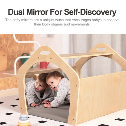 KRAND Wooden Playhouse for Toddlers w/Double Non-Shatter Safety Mirrors, Montessori Crawling Tunnel/Crawl-Through Play Set for Children and Kids, Daycare and Preschool Playroom(with Cushion)