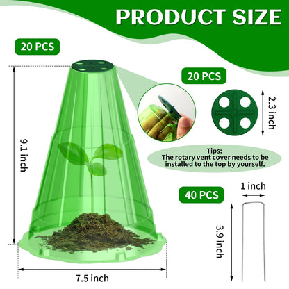 Garden Cloches for Plants, 20 Pack Garden Cloche with Rotary Vent, Reusable Bell Plant Covers with 40Pcs Ground Stakes, Plant Cloche Protectors from Animals Snails Birds Chickens, 7.9" H X 6.7" D