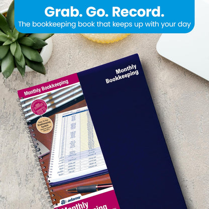 Adams Monthly Bookkeeping Record Book - 8.5" x 11" Spiral Bound 4 Column Ledger 128 Pages - Undated Accounting Ledger Book for Small Business, Payroll, Budget Tracking - Durable Poly Cover - 1 Unit