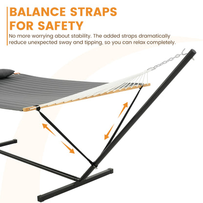 Lazy Daze Hammocks 2 Person Portable Hammock with 12FT Stand for Outside, 10.5FT Quilted Double Hammock with Spreader Bar and Detachable Pillow, 450lbs Capacity for Outdoor Patio, Grey
