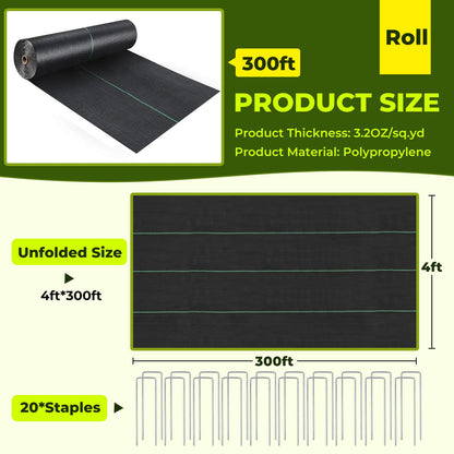 PALATALA 4ft x 300ft Weed Barrier Landscape Fabric, 3.2oz Heavy Duty Woven Geotextile Fabric, Block Gardening Mat Ground Cover, Weed Control Garden Cloth for Gardening Ground, Landscaping, Driveway