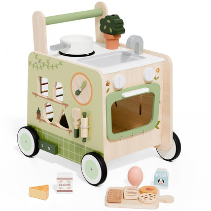 Baby Push Walker -Wooden Push Walker Montessori Toy- Toddler Learning Activity Walker for Girls Boys 1-3 Years - Pretend Kitchen Playset Ideal for Toddlers（Green ）