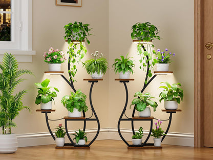 CODACE Plant Stand Indoor with Grow Lights - 2 PCS Indoor Plant Shelf, 6 Tiered Corner Plant Stands for Indoor Plants, Swan-Shaped Plant Holder, Metal Flower Display Rack for Living Room (Black)