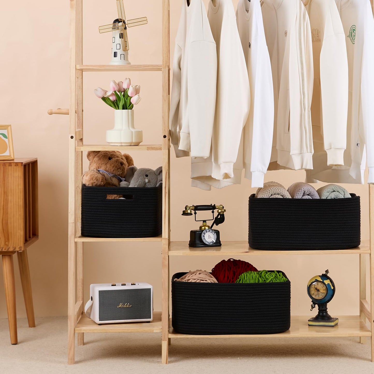 MiniArk Large Storage Baskets for Shelves, Closet Organizers Bins for Clothes Blanket Towels, Baby Nursery, Toy Baskets Box, Woven Rope Baskets, 17 x 13 x 7.5”, 2 Packs Black