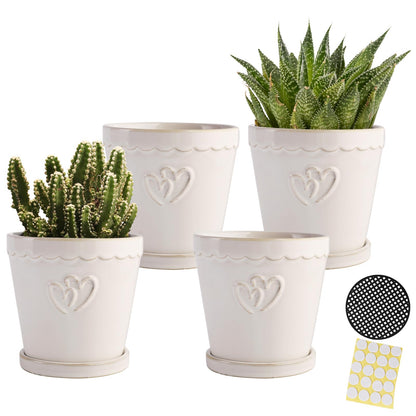 BABALIU 4.5 Inch Ceramic Planter Pots with Saucers, Cylinder Flower Pot with Drainage Holes for Indoor and Outdoor Plants, Succulent Orchid Little Snake Plants, Set of 4, White
