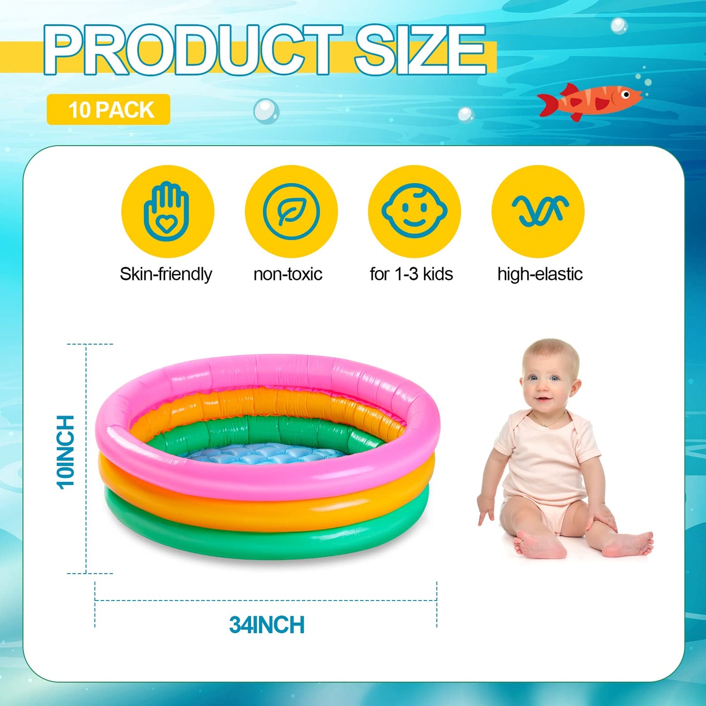 Jerify 10 Pack Kiddie Pools Bulk for Toddler 34x10 Inch Inflatable Kids Swimming Pool Round 3 Rings Small Baby Infant Blow up Padding Ball Pond for Outdoor Garden Backyard Water Game Play Center