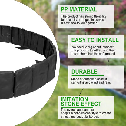 Garden Edging Border NO DIG, with Landscape Edging Anchoring Spikes, Black Stone Effect Plastic Lawn Edging Fencing, Interlocking Yard Lawn Edging for Flower Bed | 16 Ft | 20Pcs | Black |