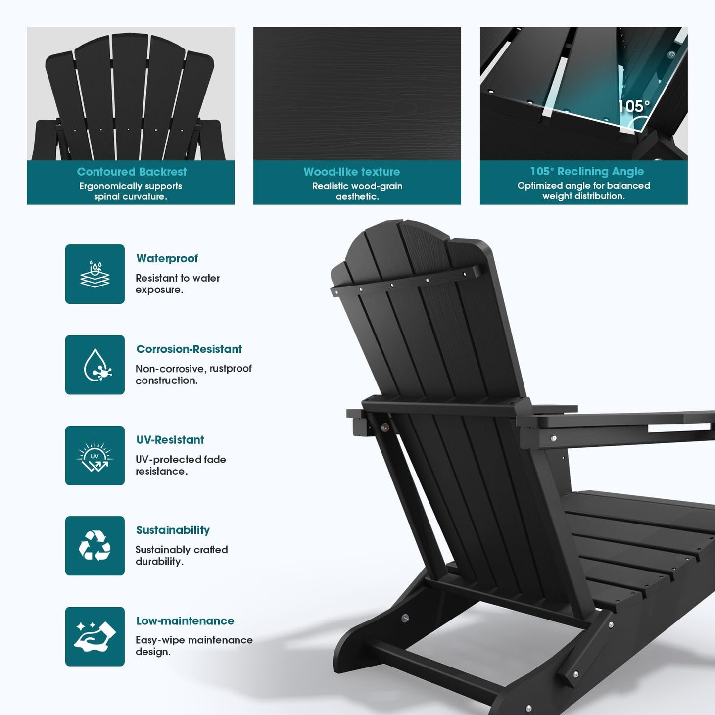 THOEOE Folding Adirondack Chair,HDPE All-Weather Outdoor Chair with Cup Holder,Wooden Textured,Fire Pit Chair,Plastic Patio Chair for Deck,Backyard,Garden,Lawn, Black