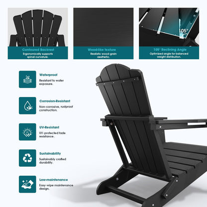 THOEOE Folding Adirondack Chair,HDPE All-Weather Outdoor Chair with Cup Holder,Wooden Textured,Fire Pit Chair,Plastic Patio Chair for Deck,Backyard,Garden,Lawn, Black