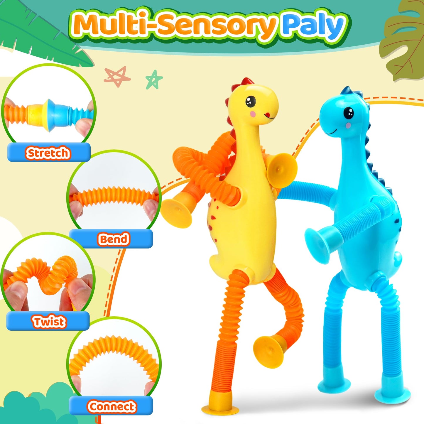 4Pcs Dinosaur Airplane Travel Toys Easter Basket Gifts for Toddlers Kids Boys Girls Sensory Suction Cup Tube ADHD Autism Road Trip Car Activities Essential Stocking Stuffer Valentines Day