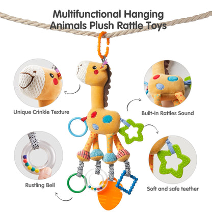 TUMAMA Hanging Toys, 16 inch Plush Animals Baby Rattle, Car Seat Stroller Toys, 2 Pack, Newborn - 12 Months, 2 x Plush Animal Hanging Toys (Giraffe, Zebra), Rings, Built-in Rattles and Crinkles