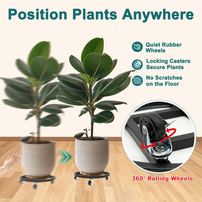 RIDSENIA 2 Pack Metal Plant Caddy with Wheels, 13'' Heavy Duty Round Rolling Planter Tray, Plant Stand with 360° Lockable Casters Wheels Indoor Outdoor Use, Planter Dolly for Flower Pots, Black
