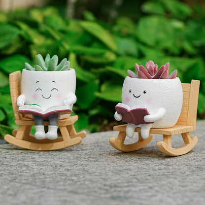 SeoatLink Cute Plant Pots Head Planters, Funny Rocking Chair Reading Book Planter Cactus Face Pot with Drainage Hole for Indoor Outdoor Plants, Gift Idea for Mother Appreciation Christmas